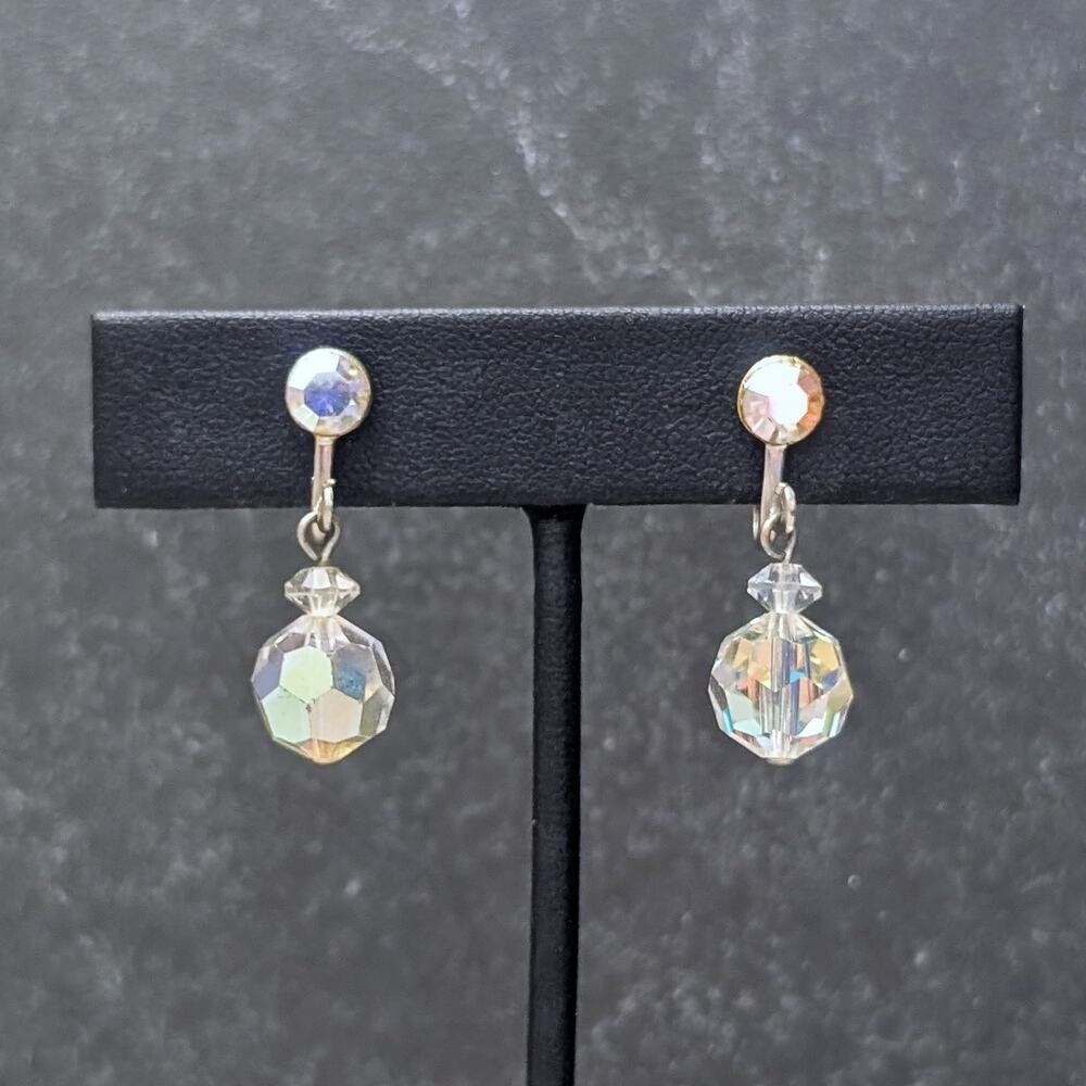 Vintage Screw On Earrings AB Aurora Borealis Drop Dangle Stylish Glam